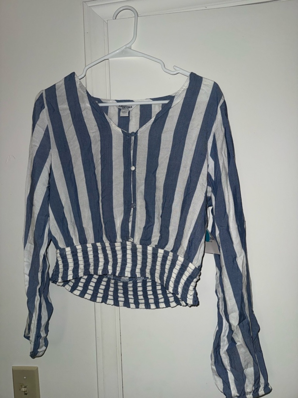Arizona Jean Company Blue and White Vertical Stripe Button Top
